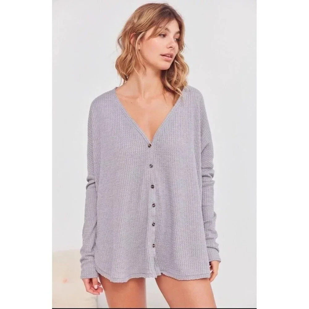 UO Out From Under Jojo Waffle Knit Button Down Gray Size Small Oversized Women's